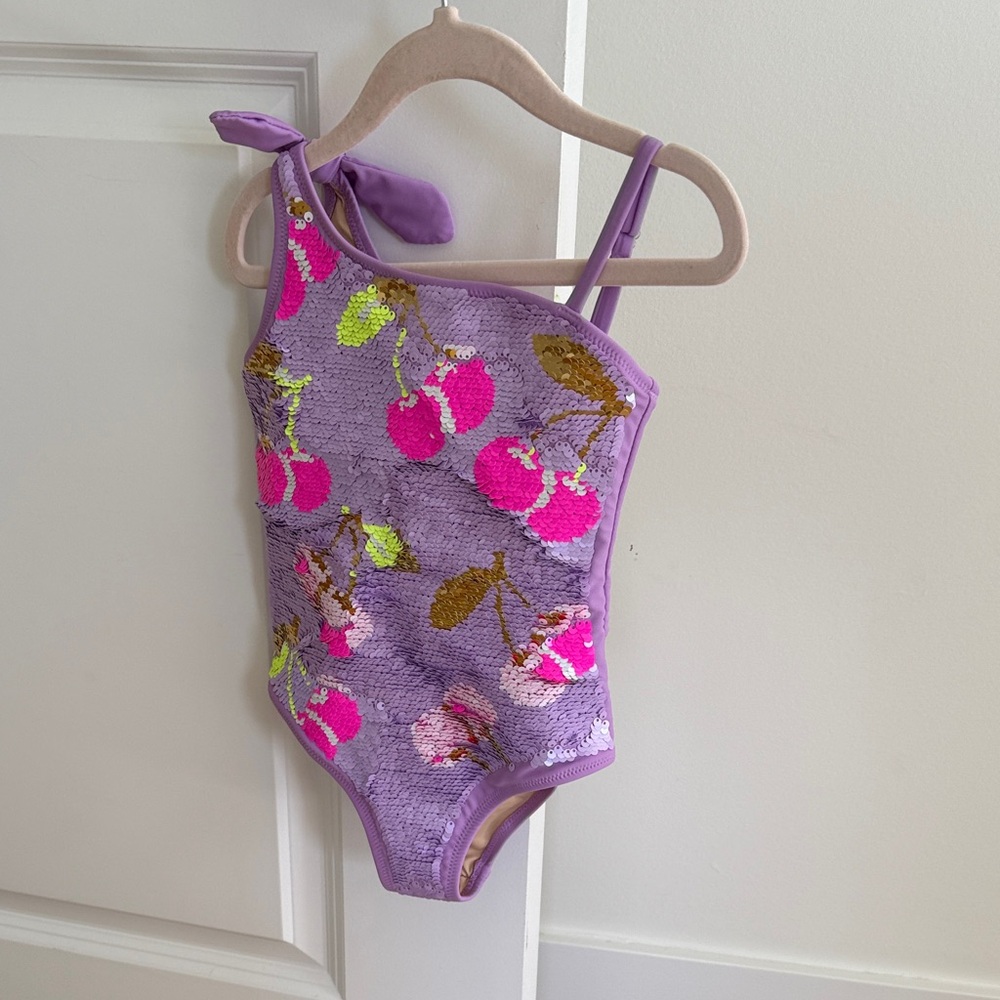 Purple Kids Swim One Piece with Cherry Design